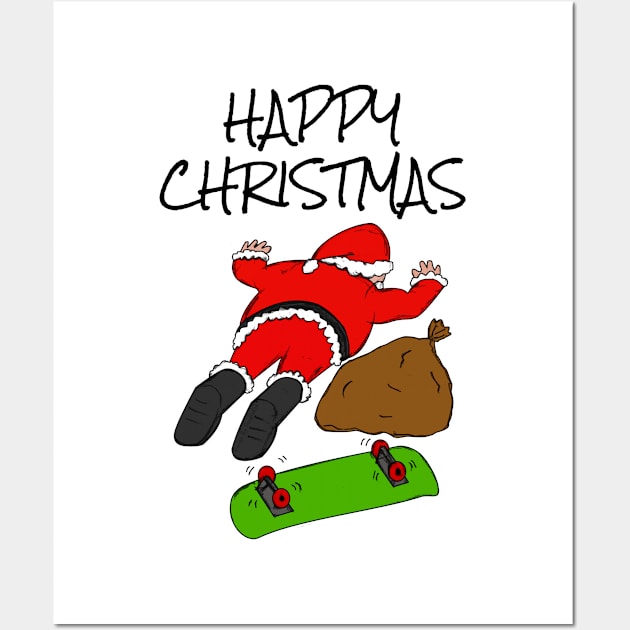 Skateboarding Santa Fallen Off Skateboard Funny Christmas Wall Art by doodlerob